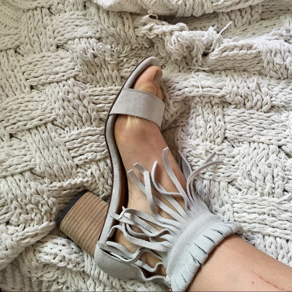 Baby blue fringe heels